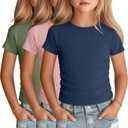 3 Pack Girls Short Sleeve Cute Shirts | Ribbed Knit, Crew Neck, Slim Fit, Summer, Basic, Soft, School Outfit, Trendy, Ages 5-14, Solid Colors, Versatile Styling