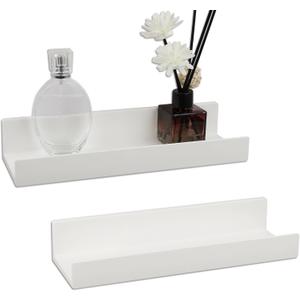 Floating Shelf Set of 2 - 10.6" Wall Mounted Plastic Shelves for Bedroom With Adhesive Strip,Compact Nursery Shelf with Lip,Small Picture Display Ledge Shelf for Living Room Bathroom Kitchen - White