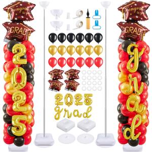 Gejoy 2 Sets Graduation Balloon Column Stand Kit with 154 Pcs Grad Theme Latex Balloons 6.5 ft Adjustable Metal Tube and 2025 Grad Letters for Graduation Party Decoration(Red)