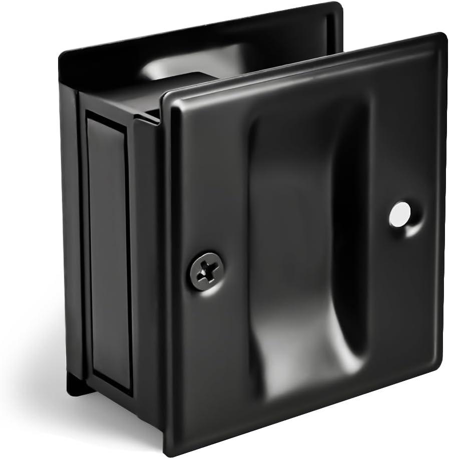 HOMOTEK Passage Sliding Door Pull Black Without Switch Plate- Replace Old Or Damaged Pocket Door Pull Quickly and Easily, 2-3/4x2-1/2, for 1-3/8 Thickness
