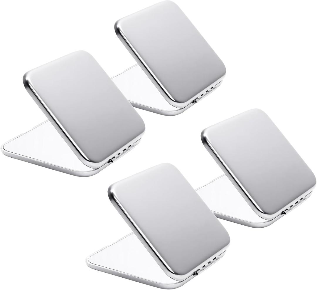 Compact Mirror for Purse, Metal Square Shell, Double-Sided 1X/2X Magnifying, Portable Small Travel Makeup Mirror, Mini Pocket Mirror, Silver, 4 Packs