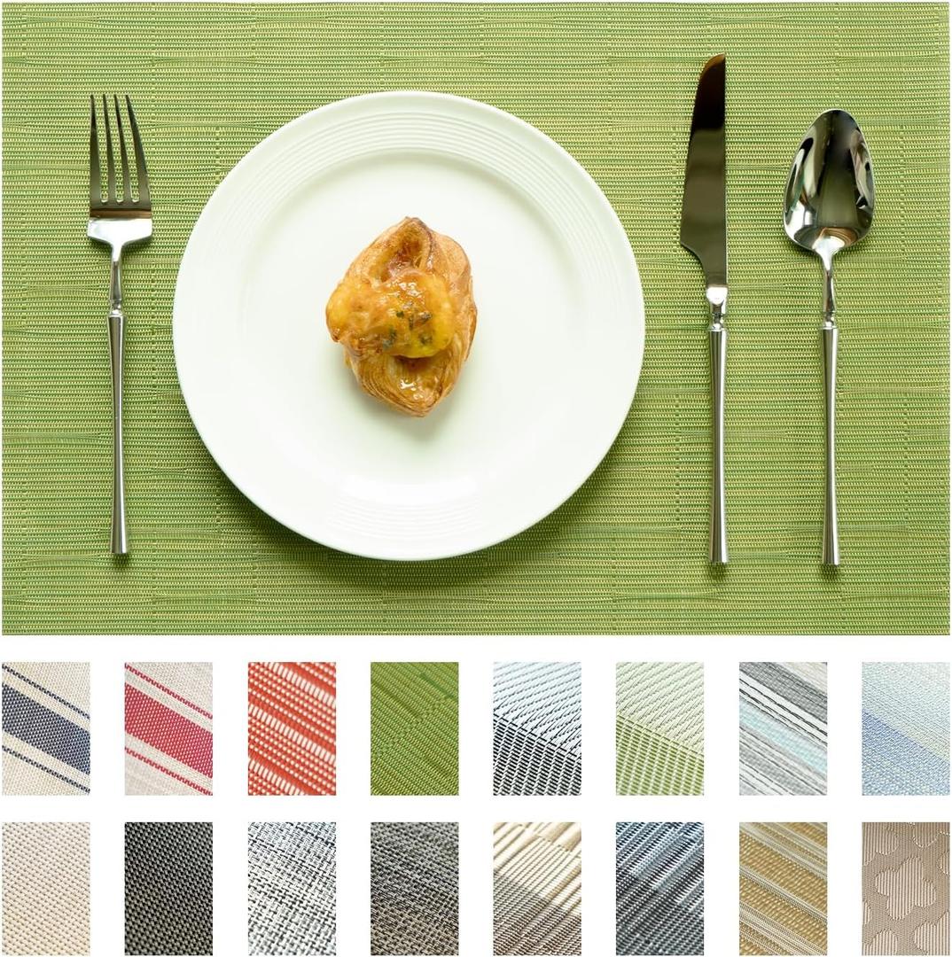 Placemats Set of 4 - Easy Clean Washable Vinyl Placemats - Wipeable Heat Resistant Table Mats for Dining Table - 17x12 Inch (Green, 4)