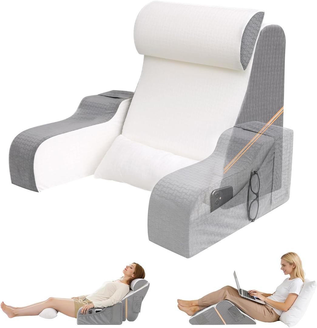 5PCS Reading Pillow for Sitting in Bed Adult, 2 in 1 Foldable Back Wedge Pillow for Sleep, Ergonomic Back Support Pillow with Arms for Watching TV, Gaming, Working, Recovery, 19 White/Grey