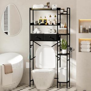 Over The Toilet Storage Shelf with Drawers, 7 Tier Above Toilet Bathroom Organizer Rack with Adjustable Shelves, Space Saver Stand Behind Toilet with Paper Holder & Hooks for Laundry, Black