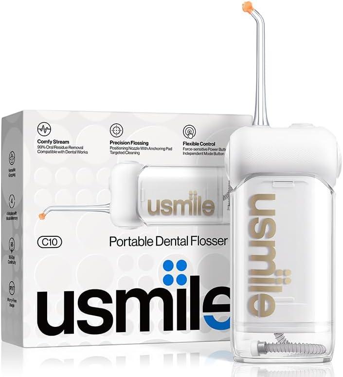usmile C10 Portable Water Flosser  Travel-Friendly, 95-Day Battery, 4 Modes, 360 Nozzle, 180ml Tank, IPX7 Waterproof, Dentist-Recommended for Braces, Implants & Sensitive Gums (White)