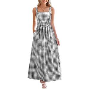 chouyatou Women's Summer Plaid Smocked Back Dress Spaghetti Strap Swing Flowy Maxi Long Beach Dress S