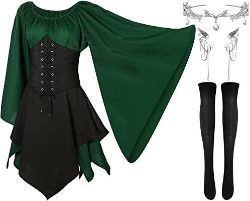 Haysandy 4 Pcs Women Elf Costume Renaissance Traditional Irish Dress Fairy Ears for Halloween Cosplay Large