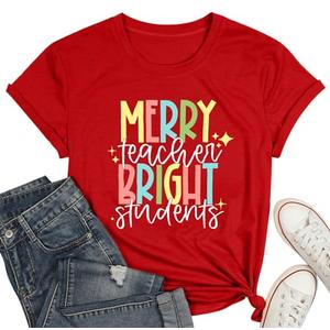 WEITUN Merry Teacher Bright Students Christmas Shirts Funny Xmas Tshirt Teachers Gift Tee Tops, 2XL