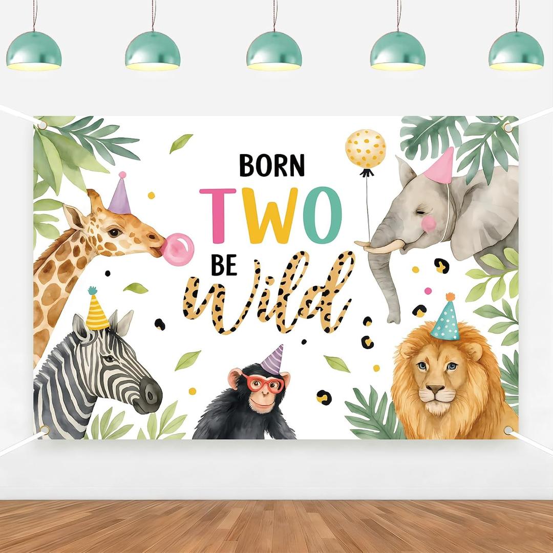 Born Two Be Wild Backdrop Two Safari Wild Birthday Decorations Jungle Safari 2nd Party Supplies Banner for Baby Boys Girls Jungle Animals 2nd Birthday Decor Supplies Photo Props 5 * 3ft