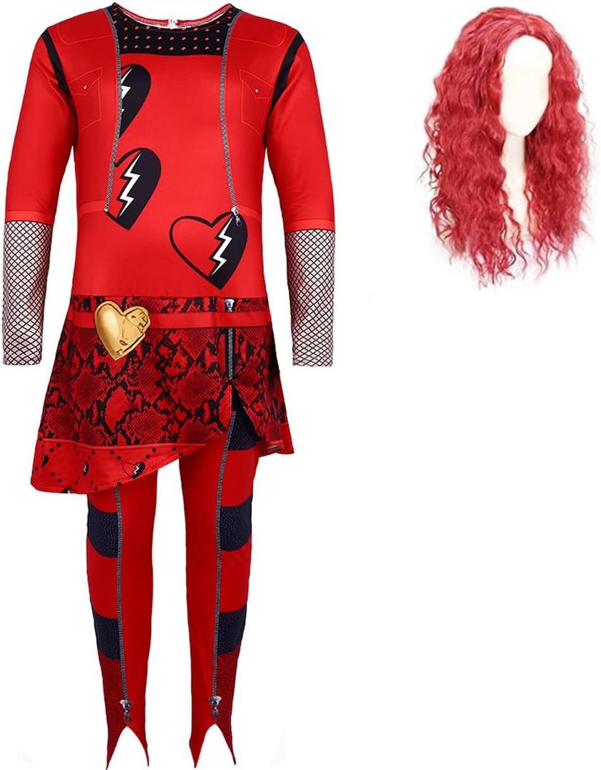 2 x Red Costume Jumpsuits for Girl Rise Red with Wig Bodysuits with Skirt Party Dress up for 4-10Y (5-6Years)