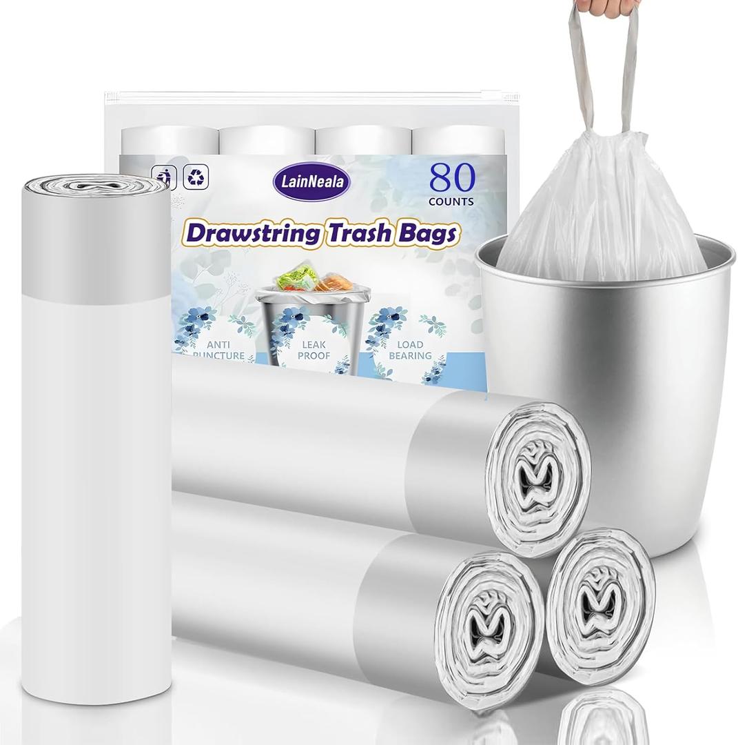 80 Counts 4 Gallon Small Drawstring Trash Bags, Small Garbage Bags Code a fit 10-15 Liter, 3.5-4 Gal Mini Trash Bag, White Trash Bin Liners for Home Office Kitchen Bathroom Bedroom