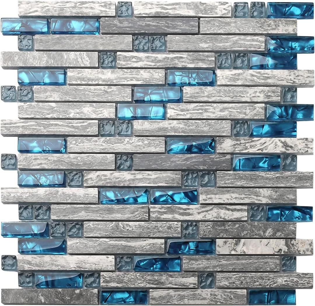 Blujellyfish Gray Marble Tile for Kitchen Backsplash 12 in. x 12 in. x 8 mm Teal Blue Glass Mosaic Bathroom Shower Wall Linear Tiles (Pack of 5 Sheets)
