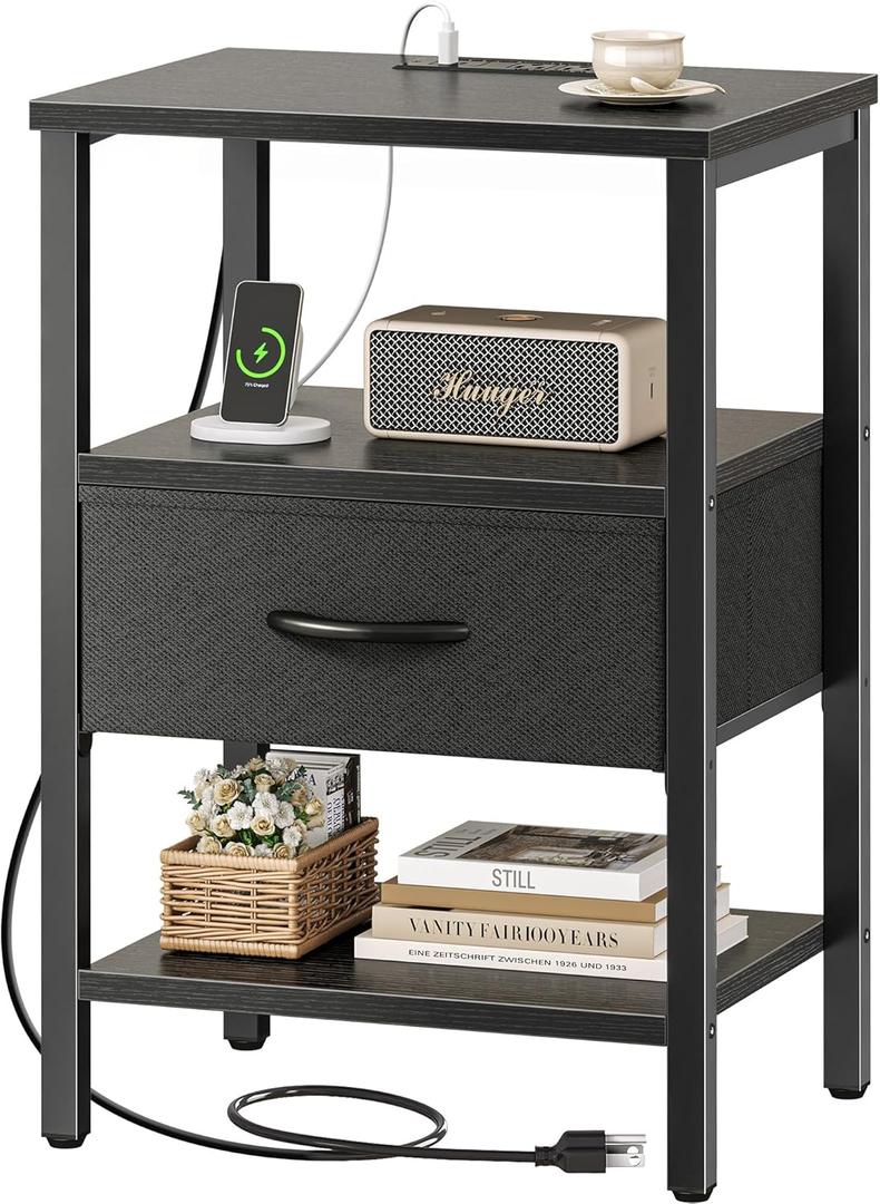 SUPERJARE Nightstand with Charging Station, Bed Side Table with Adjustable Fabric Drawer, Night Stand for Bedroom, 3-Tier Storage End Table, for Living Room, Black (M (11.8"D x 15.7"W x 23.4"H))
