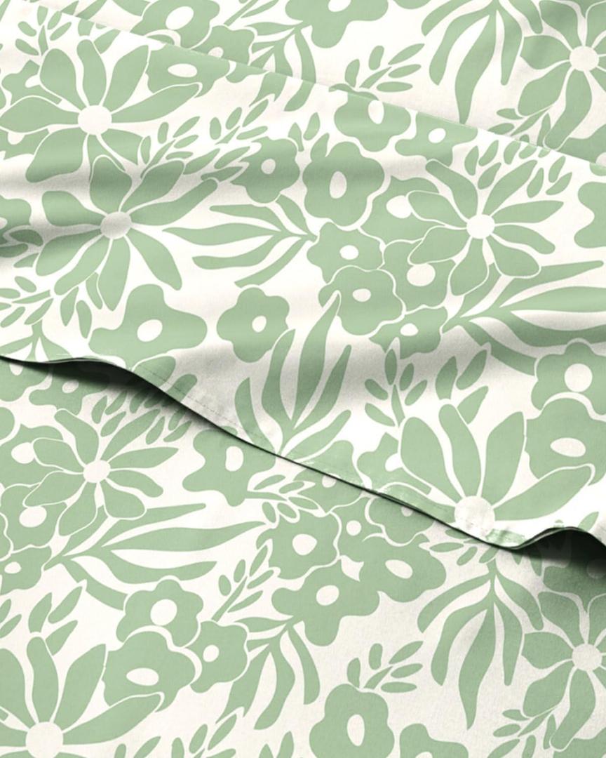 Floral Sheets - Green Flower Bed Sheet Set - 1 Flat, 1 Fitted & 2 Pillowcases w/ Deep Pockets - Comfy, Cozy, Wrinkle & Fade Free - Boho Botanical Bedding - Soft, Breathable & Cooling - Queen Size Set