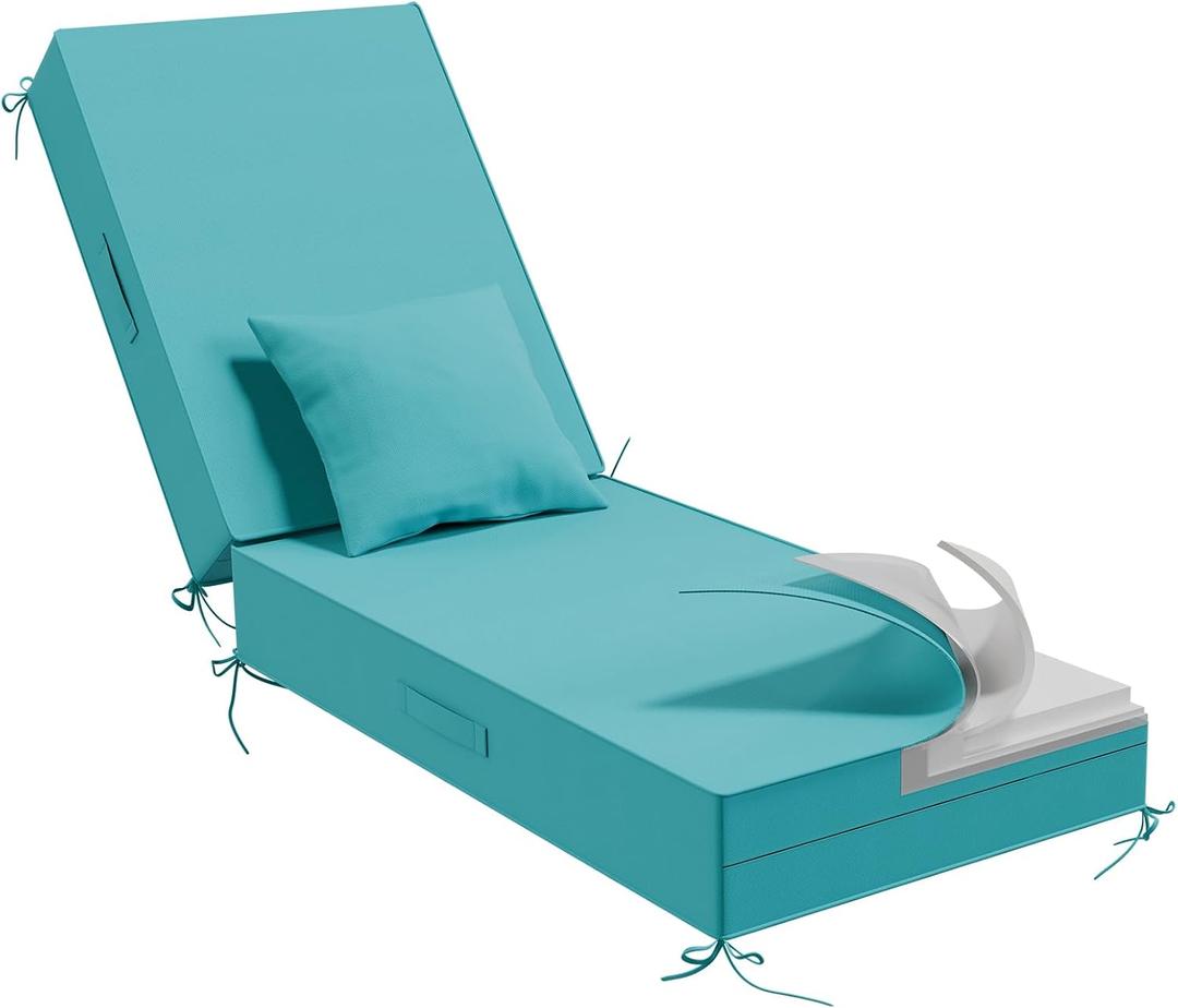 Outdoor Water-Resistant Olefin Chaise Lounge Cushions with Pillow, Weather and Fade Resistant Patio Furniture Lounge Chair Cushion Ideal for Patio, Lawn, Garden, Turquoise, 72"L x 21"W x 5"T