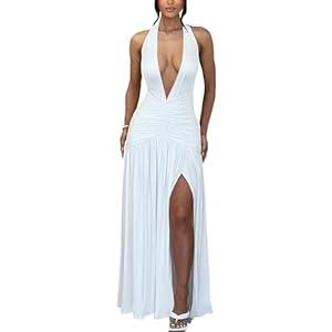 Ekaliy Women's Sexy Halter Deep V Neck Maxi Dress Sleeveless Backless High Slit Ruched Long Dress Summer Party Cocktail Dress (White)