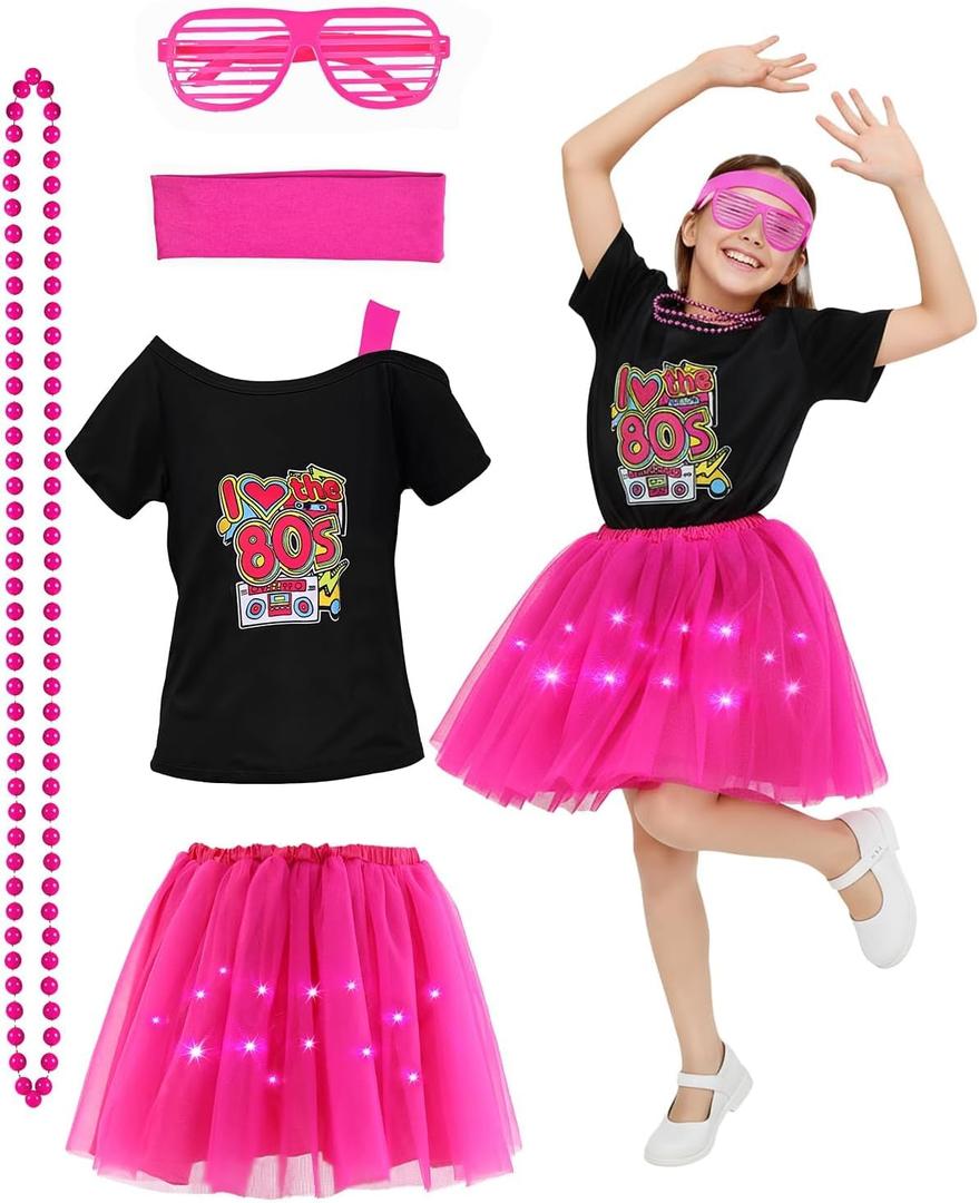 Girls Light-Up 80s Costume Set for Kids - Christmas Dress-Up, Holiday Party Decades Day Rock Star Outfit (Large, Pink)