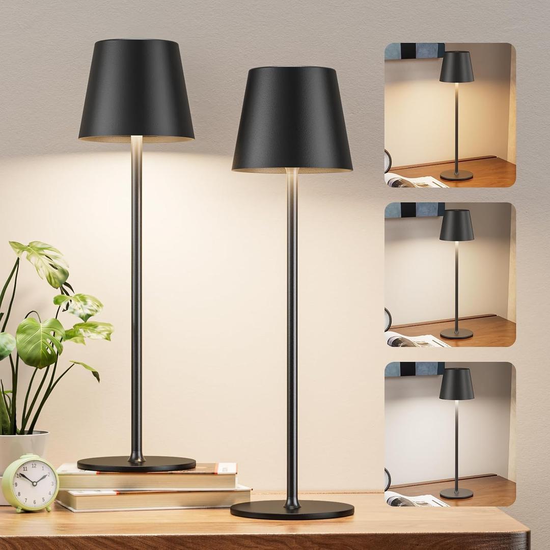 Cordless Table Lamp Rechargeable Black - KK 2 Pack 5000mAH Battery Operated Lamp for Counter, 3 Color Stepless Dimming Waterproof LED Wireless Lamp for Dining Kitchen, Outdoor Patio, Touch Control
