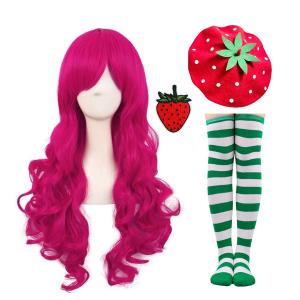 5Pcs Strawberry Cosplay Accessories with Long Hot Pink Wig, Strawberry Hat and Socks for Women Halloween Costume