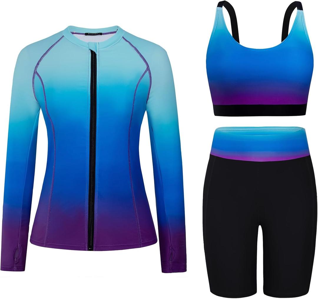 Arolina Womens Rash Guard Long Sleeve Swim Shirts Swimsuit 2026 Bathing Suit with Womens Swim Shorts & Two Pockets, XXL