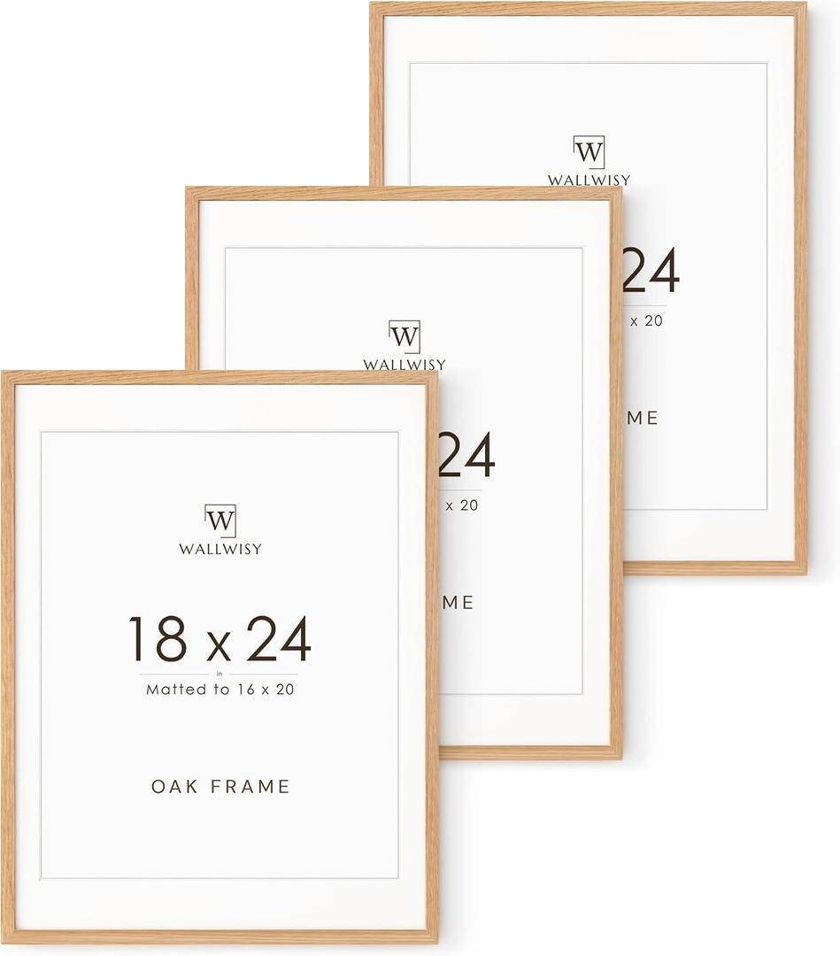 18x24 Poster Frame, 18x24 Solid Oak Picture Frames Matted to 16x20, 24x18 Natural Wooden Frame Horizontal or Vertical Wall Mounting, Set of 3