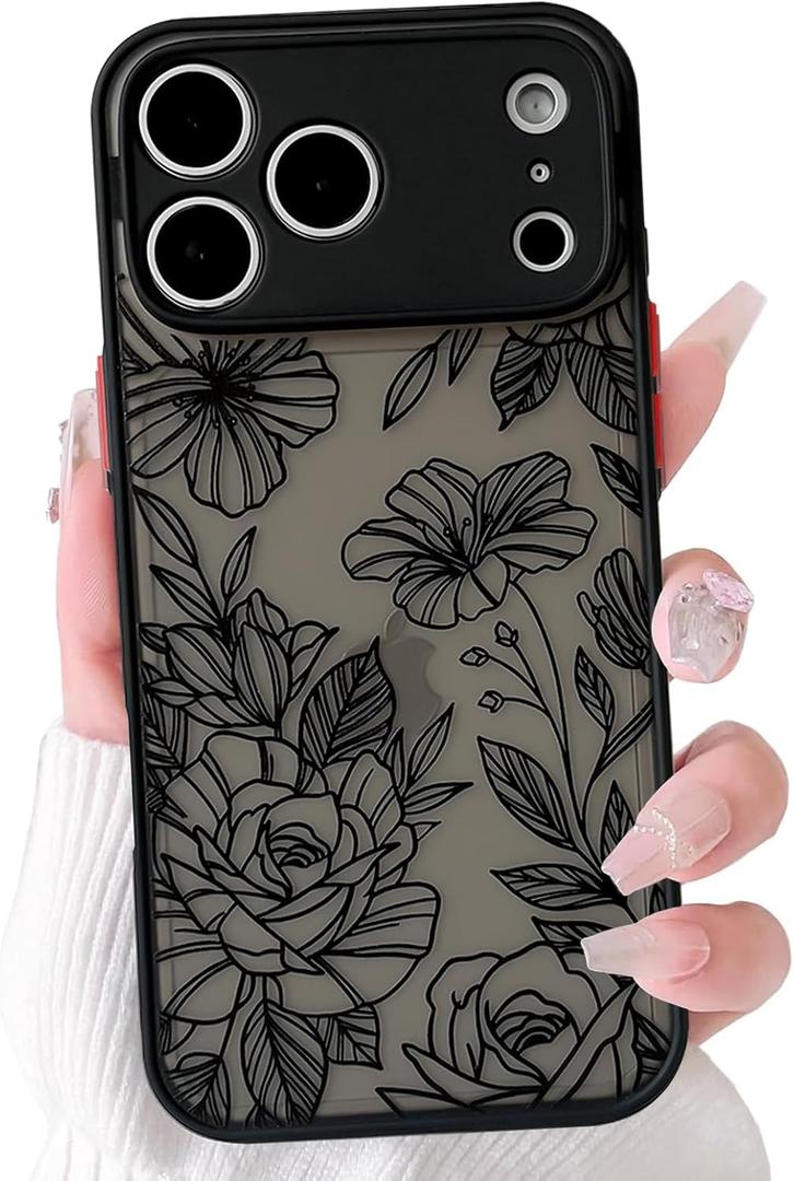 NITITOP Compatible for iPhone 17 Pro Case Cute Clear Flower - Black