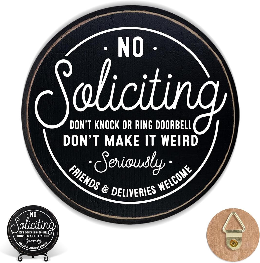No Soliciting Sign Wall Art Decor for Front Door, Funny Do Not Knock or Ring Doorbell Sign, Black Front Door Hanging Decor, 6 Inches Wood Plaque House Accessories for Home