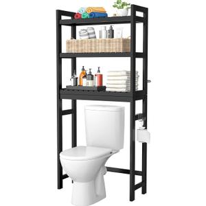 Homykic Bamboo Over The Toilet Storage Shelf, 3-Tier Above Toilet Storage Organizer Rack with 3 Hooks, Freestanding Bathroom Tower Shelf Unit for Small Space, No Rust, Easy to Assemble, Black (10.3"D x 24.8"W x 66.8"H)