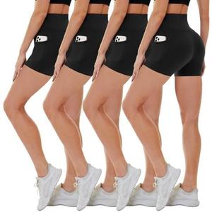 CAMPSNAIL 4 Pack Biker Shorts Women with Pockets – 5"/8" High Waist Tummy Control Workout Gym Yoga Running Compression Shorts S/M
