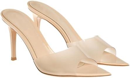 Women's Clear Pointed Open Toe Stiletto Heel Slide Sandals Fashion Sexy Slip On Transparent Strap High Heels Mules Summer Backless Party Wedding Prom Dress Shoes SIZE 8