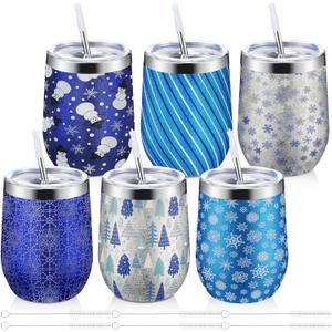 Sliner 6 Pack Pack Christmas Glitter Tumbler Bulk, 12 oz Holiday Wine Tumbler Set Stainless Steel Insulated Sparkling Glitter Cup with Lids Straws and Brushes Travel Mug Xmas Gift (Snowflake Style)