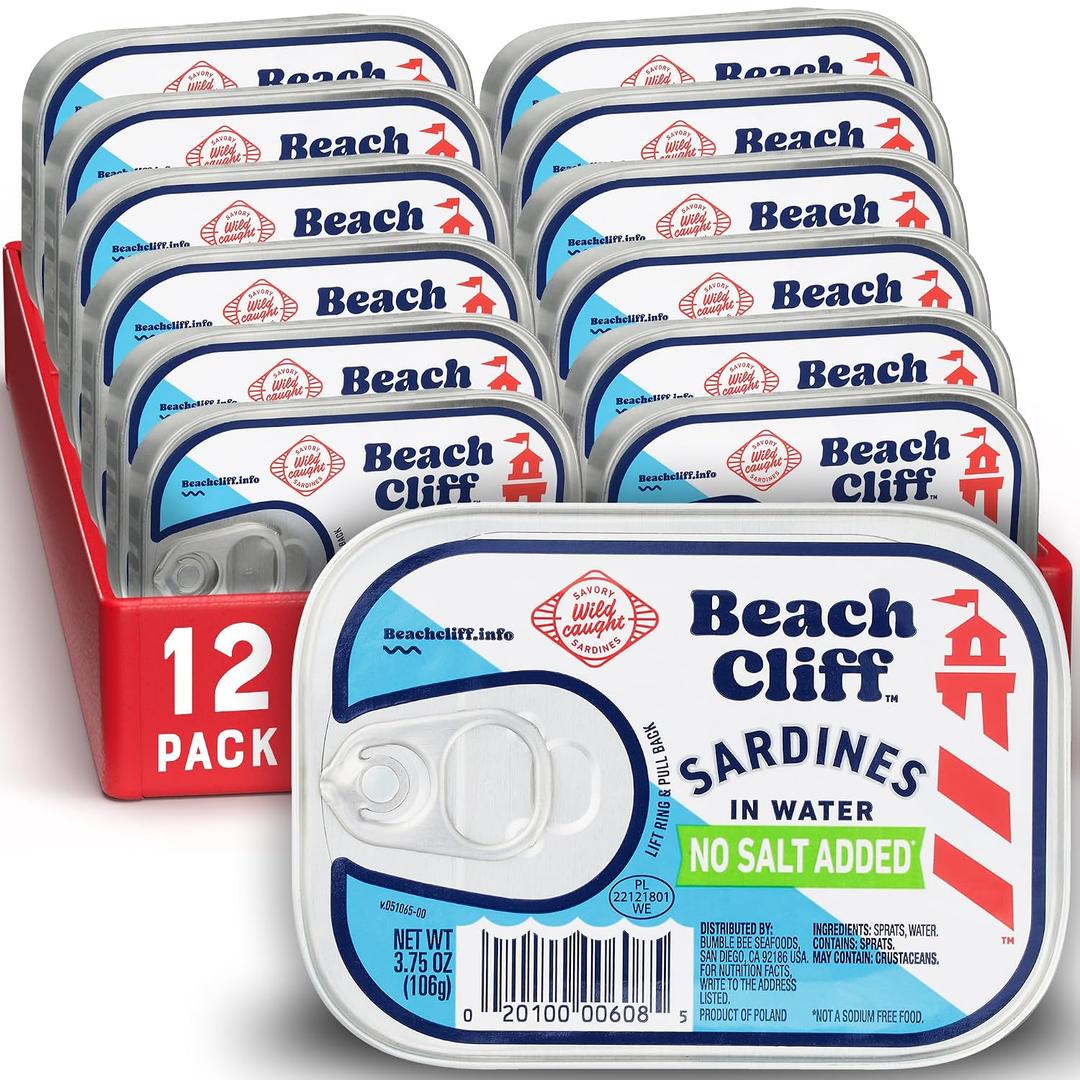Beach Cliff Wild Caught Sardines in Water, No Salt Added, 3.75 oz (12-Pack), BEST IF USED BY: APR 2029