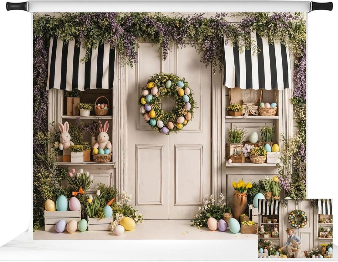 Kate Easter Backdrops for Photography Wood Door Colorful Eggs Spring Party Decorations Photo Props, 10x8ft