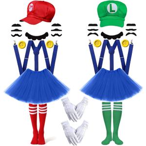 Mary and Luigi Costume for Adult,Kids,Super Bros Red and Green Hats,Mustache,Gloves,Socks, Blue Dress Outfits Accessories Halloween Cosplay for Men & Women