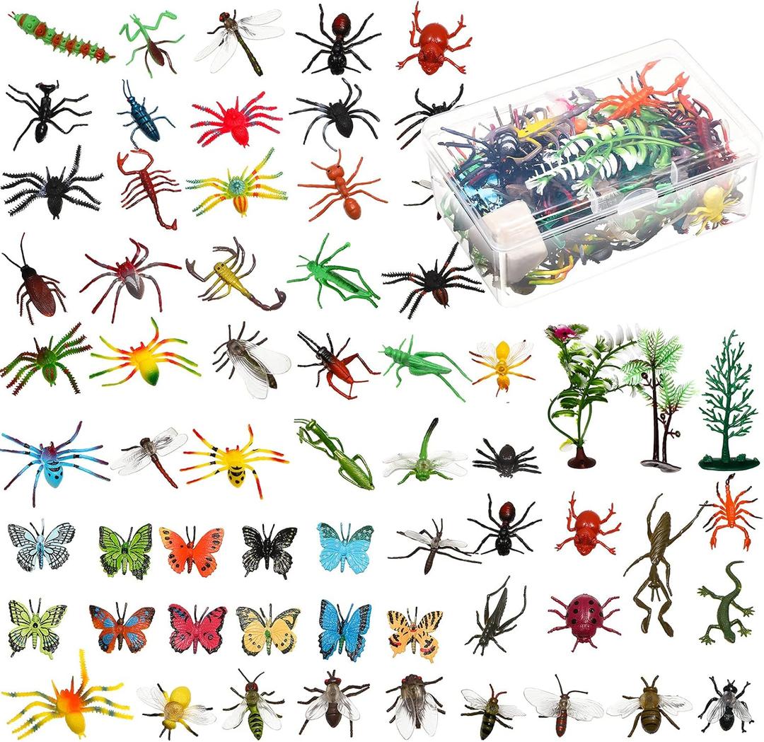 Gejoy 75 Pieces Fake Bugs Assorted Play Plastic Toy Bugs Mini Realistic Insects Figures Randomly Creepy Crawlers with Storage Box for Insect Themed Halloween Party (Cool Style)