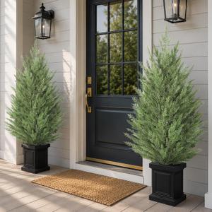 3.7FT Artificial Topiary Cedar Trees for Outdoor Tall 2 Set Indoor Potted Faux Pine Shrubs Evergreen Plants Realistic Fake Cypress Front Porch Decor Bushes Plants for Home Door Offices
