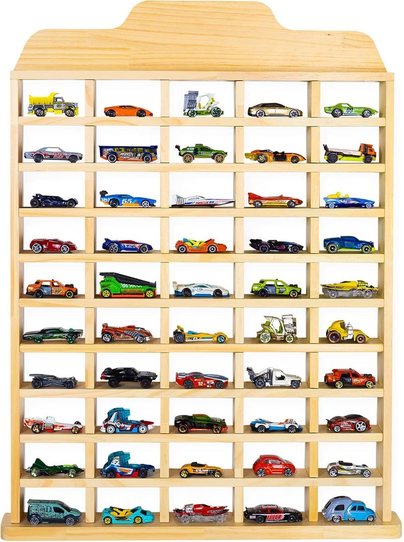 PATHFINDER PANDAS Wooden Toy Car Display Shelf - Holds 50 Cars - Matchbox Display Wall Mount for 1/64 Diecast Toy Cars - Charming & Durable Toy Car Storage Wall - Freestanding or Hanging Car Shelf