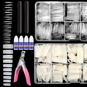 Yokilly 1000PCS Square Nail Tips and Glue, Clear Natural False Acrylic Nail Tips, Half Cover 10 Sizes French Artificial Nail Tips Manicure with Nail Clipper, Nail Files and Glue for Dip Powder