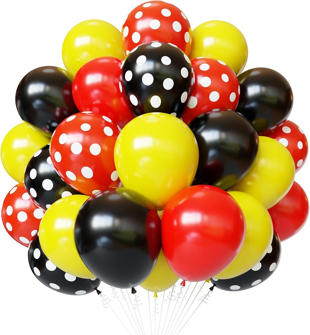 Red Yellow Black Balloons, 60pcs 12 Inches Red Yellow Black Polka Dot Latex Balloons with 1 Ribbon for Birthday Baby Shower Cartoon Mouse Themed Party Decorations