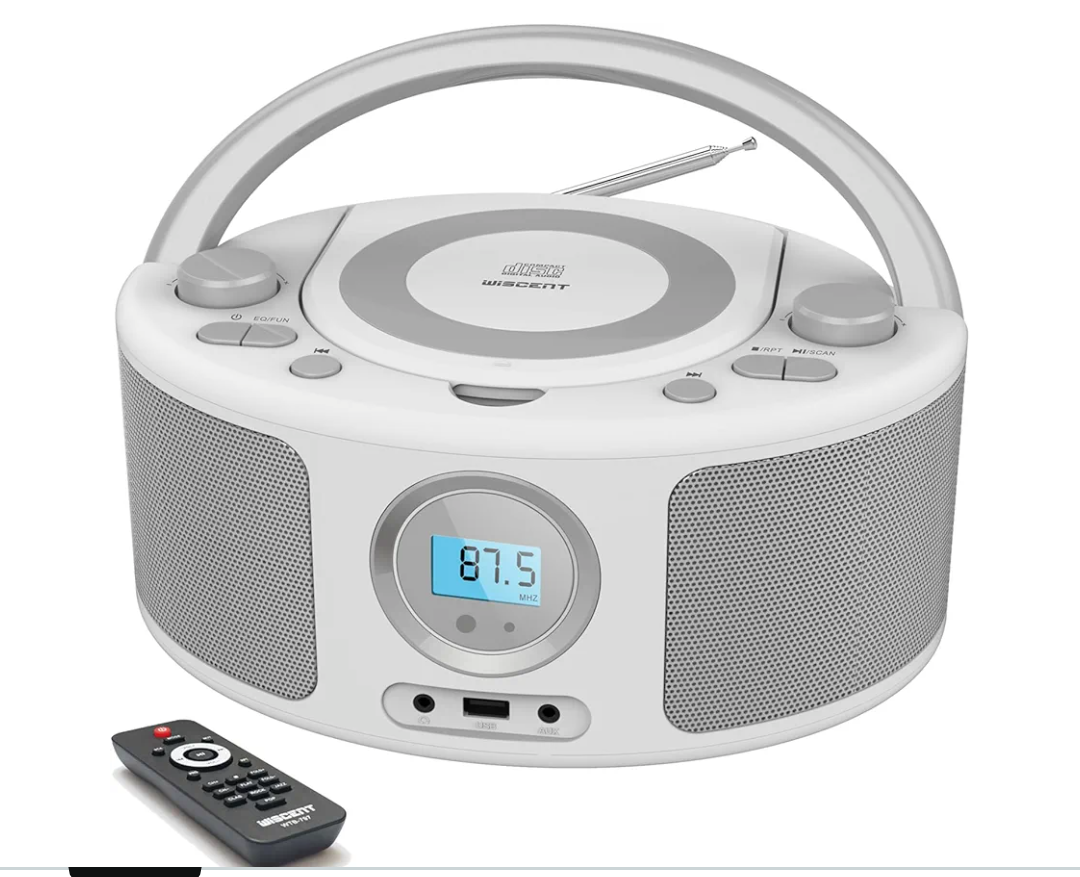 Portable CD Player Boombox with Bluetooth, FM Radio, Remote Control, USB Port and 3.5mm AUX Headphone Jack, Clear Stereo Sound, 4 Watts of Audio, AC/Battery Powered