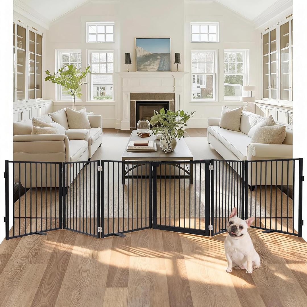 Snagle Paw Extra Wide Dog Gate,Free Standing Dog Fence with Door, Up to 156 Inch Wide Pet Gate with Support Feet for Stairs, Hallways, Doorways, Yard (Black, 6 Panels)