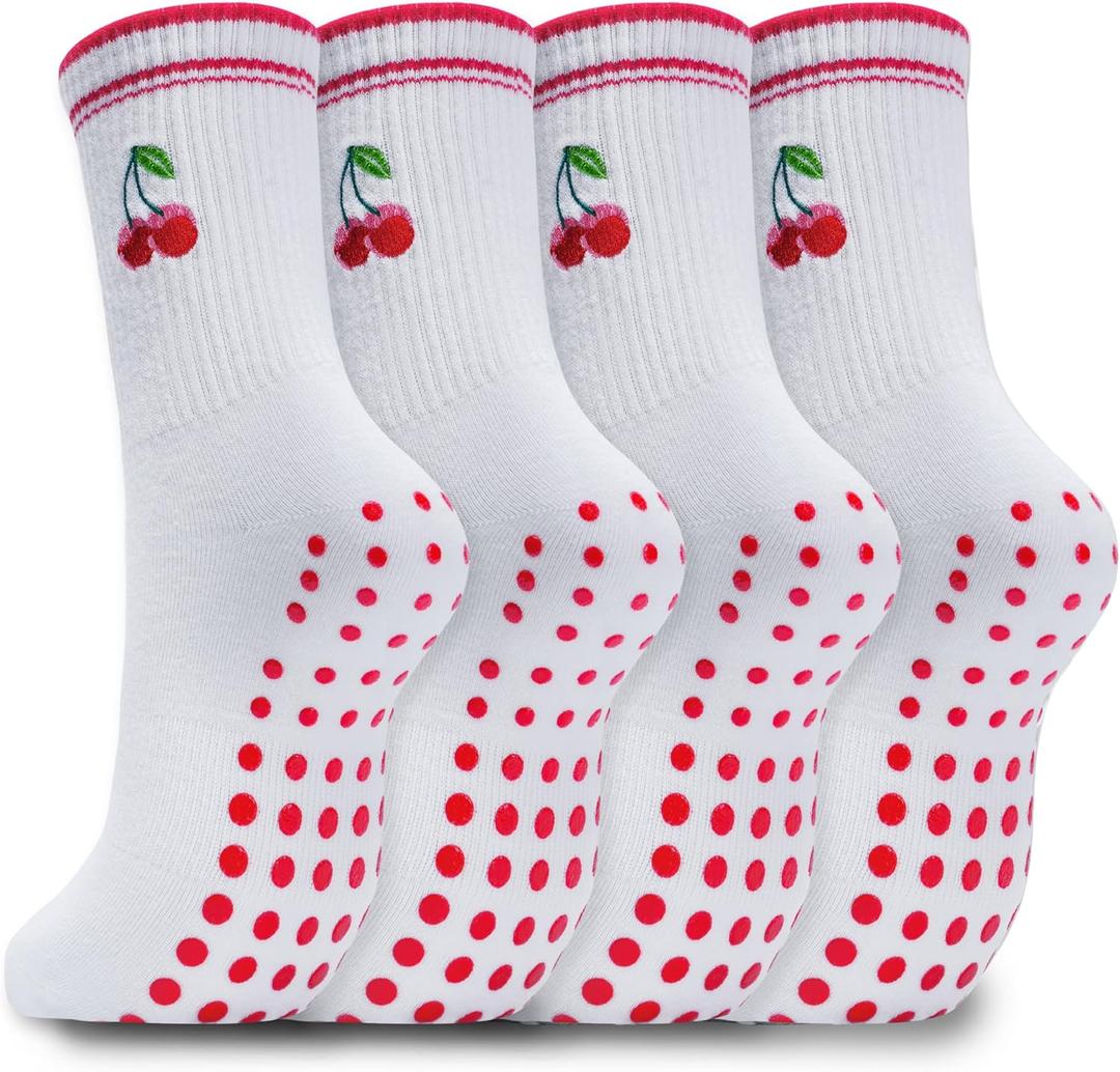 Yoga Socks with Grips for Women Non Slip Cute Pilates Crew Socks for Workout Hospital and House Slipper (White)