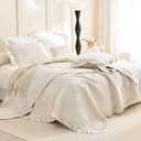 Masaca Oversized King Quilt(118"x106"),3 Pieces Wheat Ruffled California King Bedspread Lightweight Crinkled Farmhouse Shabby Boho Chic Reversible Stone-Washed Microfiber Bedding Set Extra Soft