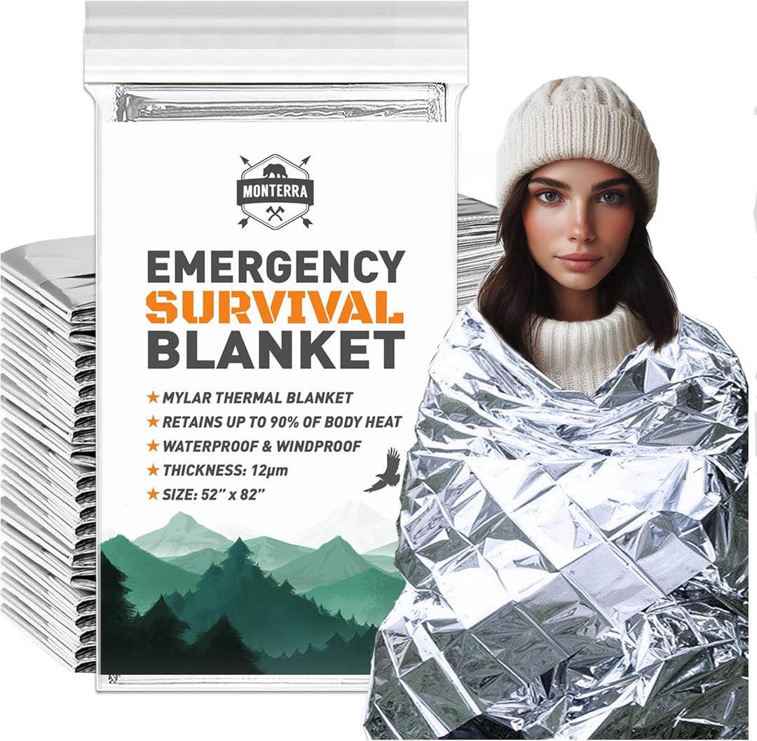 Monterra Emergency Blankets for Survival, 8 Pack, Mylar Foil Blankets, Thermal Space Blanket, Car Supplies, Camping Accessories, Hiking, Outdoor Gear and Equipment, Bug Out Bag.