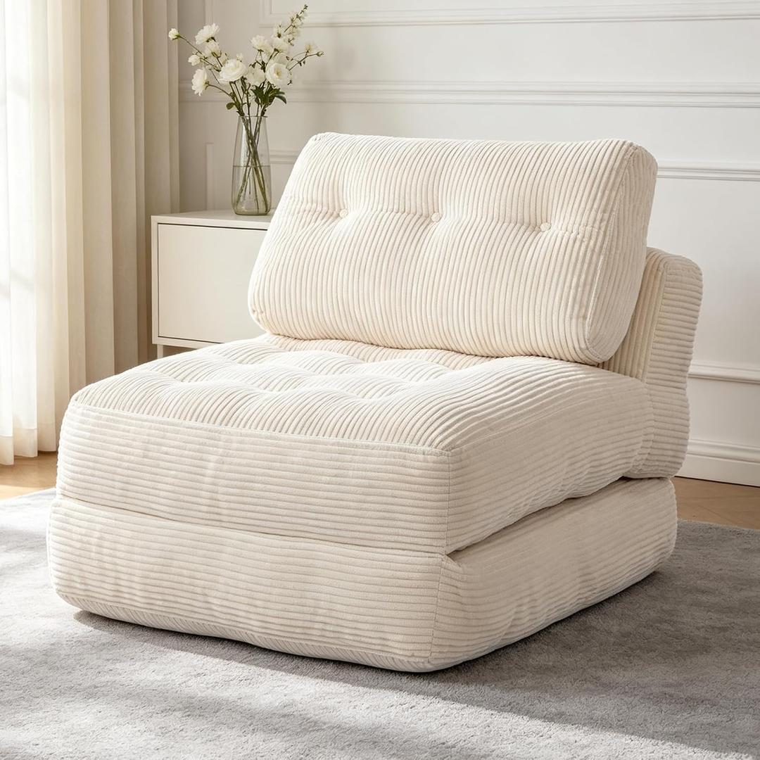 Folding Sofa Bed, Convertible Sleeper Chair With Back Support, BEIGE, 37.8"D x 34"W x 16"H