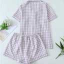 Verdusa Women's Plaid 2 Piece Cute Pajama Sets Short Sleeve Button Down Shirts with Shorts Loungewear (Purple, S)