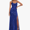 Stylefun Blue Lace Sequin Mermaid Prom Dresses Long 2025 for Women V Neck Pleated Formal Party Dress with Slit Cocktail Dress US8, Size Large