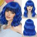 Beelu Blue Short Bob Wig with Bangs for Women Loose Wavy Bob Wigs Shoulder Length Synthetic Colorful Cosplay Wigs for Girl Halloween Costume Daily Use