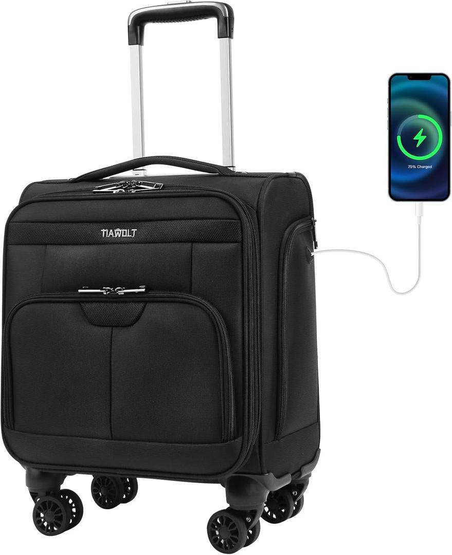 16 Inch Underseat Carry on Luggage With Wheels Soft side Lightweight Business Travel Small Suitcases Bag with TSA lock for Airlines, Men Women, Pilots Crew, Black