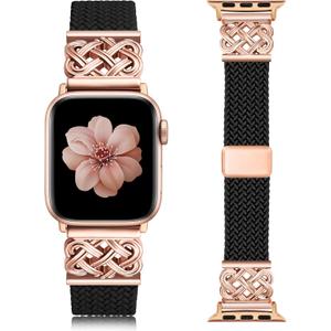 TOYOUTHS Braided Magnetic Band Compatible with Apple Watch Bands 38/40/41/42/44/45/46/49mm Women Men, Dressy Celtic Metal Stretchy Elastic Strap for iWatch Series 11 10 9 8 7 6 5 4 SE/Ultra 3 2 1 (Black/Rose Gold)